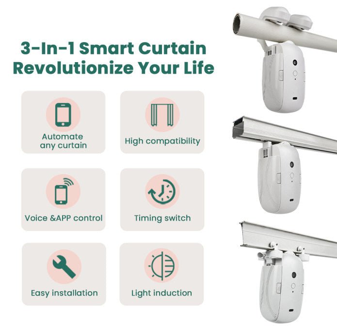Smart curtain robot, automatic opener: voice, app, timer, light, temp sensor. Google Home, Siri compatible for Roman rods.