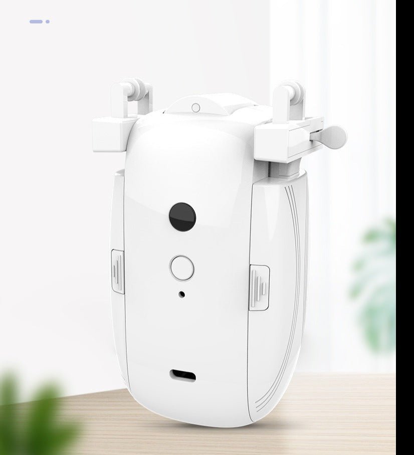 White smart automatic curtain opener for Roman rods, with voice control and sensors.