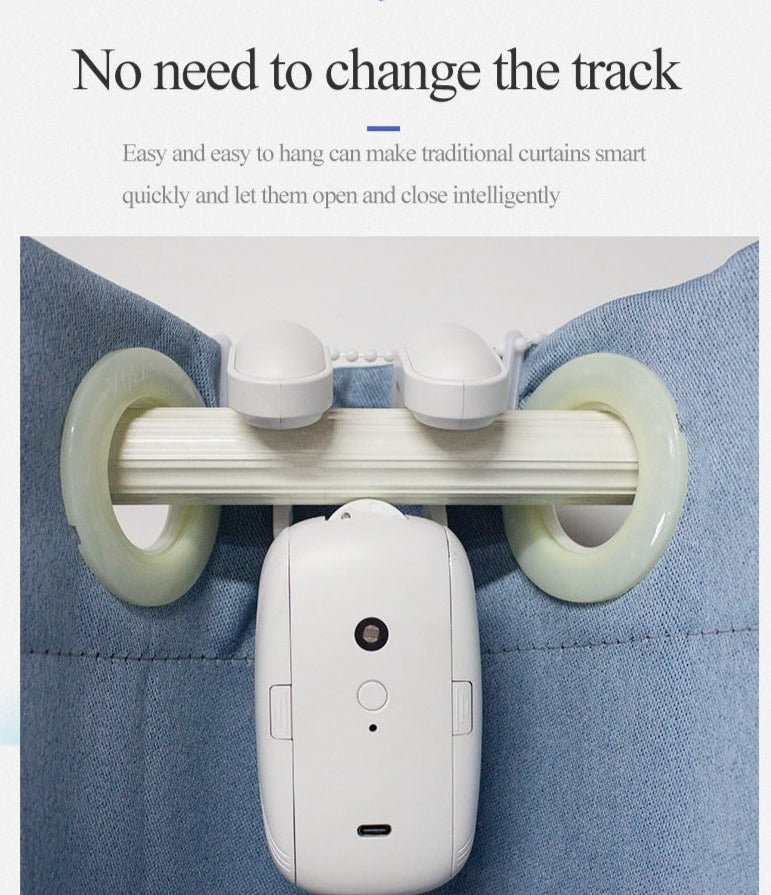 White Wifi Curtain Robot easily attaches to traditional curtain rod for smart home control.