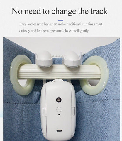 White Wifi Curtain Robot easily attaches to traditional curtain rod for smart home control.
