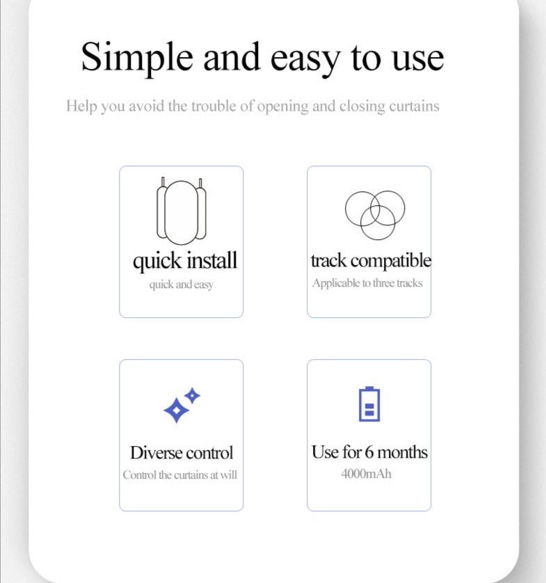 Smart curtain robot infographic showing quick install, track compatibility, diverse control, and 6-month battery life.