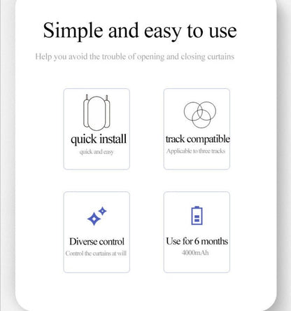 Smart curtain robot infographic showing quick install, track compatibility, diverse control, and 6-month battery life.