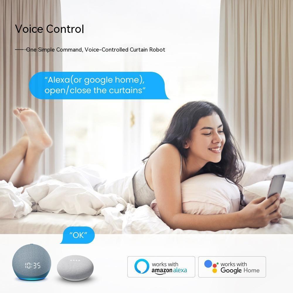 Woman in bed uses phone for voice control of curtains, compatible with Alexa and Google Home.