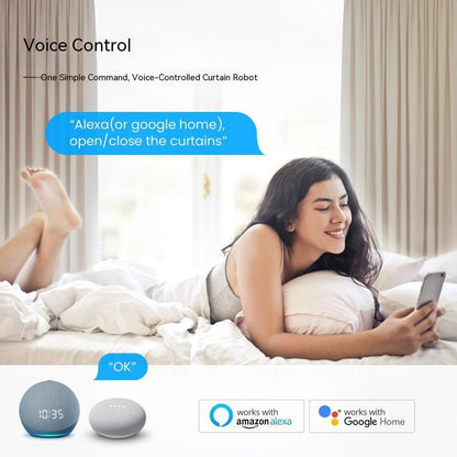 Woman in bed uses phone for voice control of curtains, compatible with Alexa and Google Home.