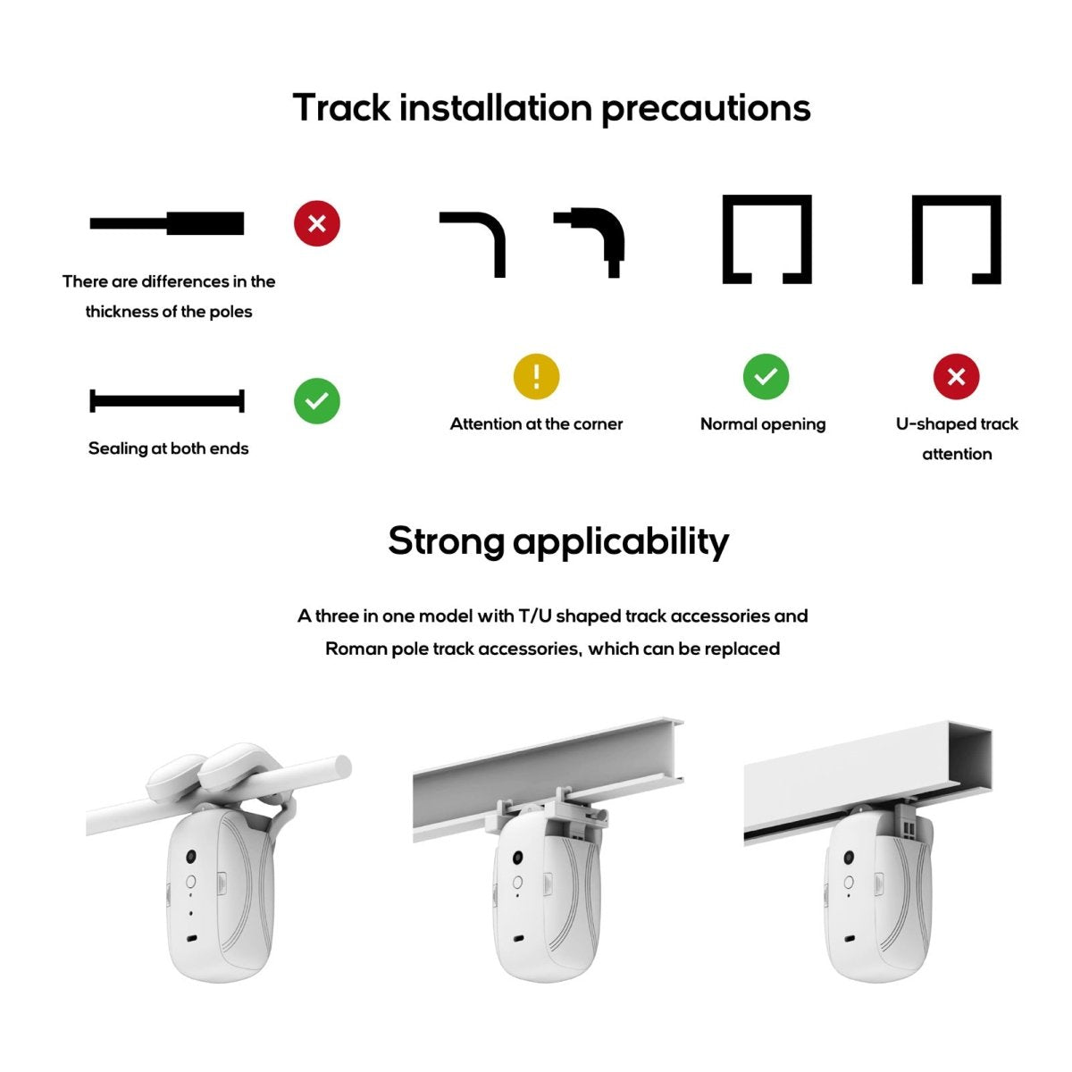 Smart curtain robot installation guide: compatibility with Roman rods and T/U tracks, showing proper sealing and track types.