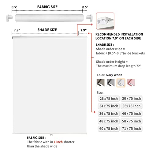 Diagram: Joydeco cordless blackout blinds, dimensions, installation, Ivory White sizes.