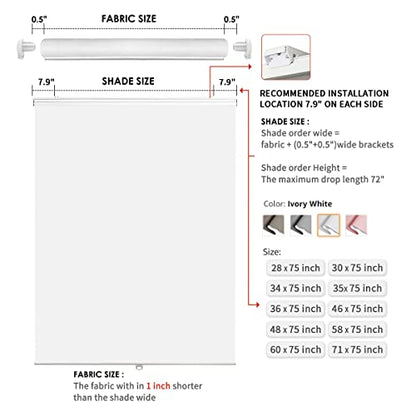 Diagram: Joydeco cordless blackout blinds, dimensions, installation, Ivory White sizes.