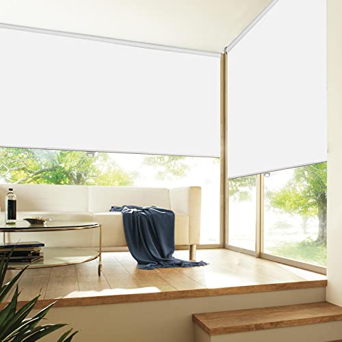 White cordless blackout roller blinds in modern living room with sofa.