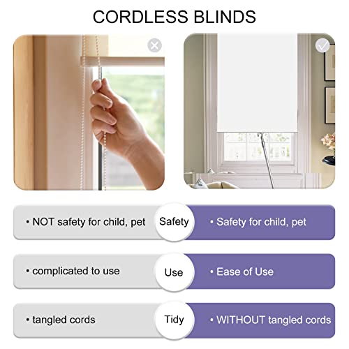 Joydeco white cordless blackout blind comparison: safe, easy use, no tangled cords vs. unsafe corded blind. Product benefits.
