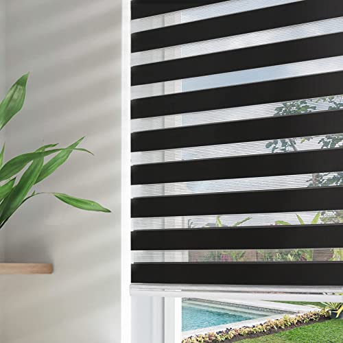 Black and white Joydeco sheer zebra blinds partially open on a living room window, filtering light and showing a pool view.