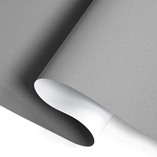 Joydeco gray cordless blackout roller shade fabric showing textured weave and smooth white light blocking backing.