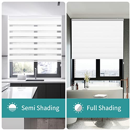 Joydeco white dual layer zebra blinds demonstrating semi shading in a kitchen and full privacy in a bathroom.