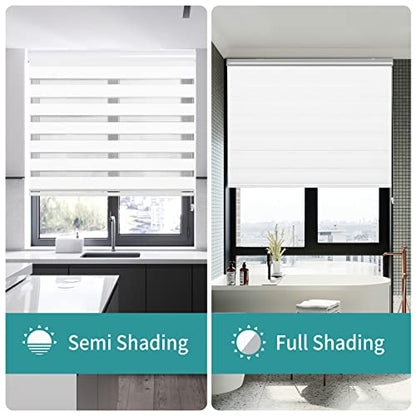 Joydeco white dual layer zebra blinds demonstrating semi shading in a kitchen and full privacy in a bathroom.